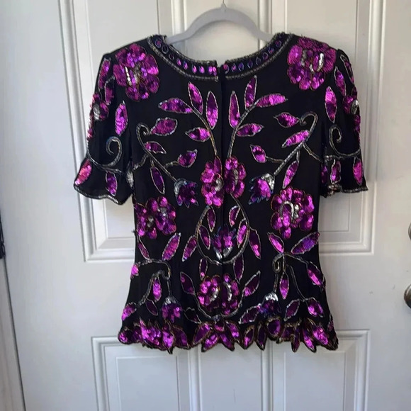 GORGEOUS RAZZLE DAZZLE 100% silk beaded top Sz M black purple sequins luxurious - Picture 9 of 10